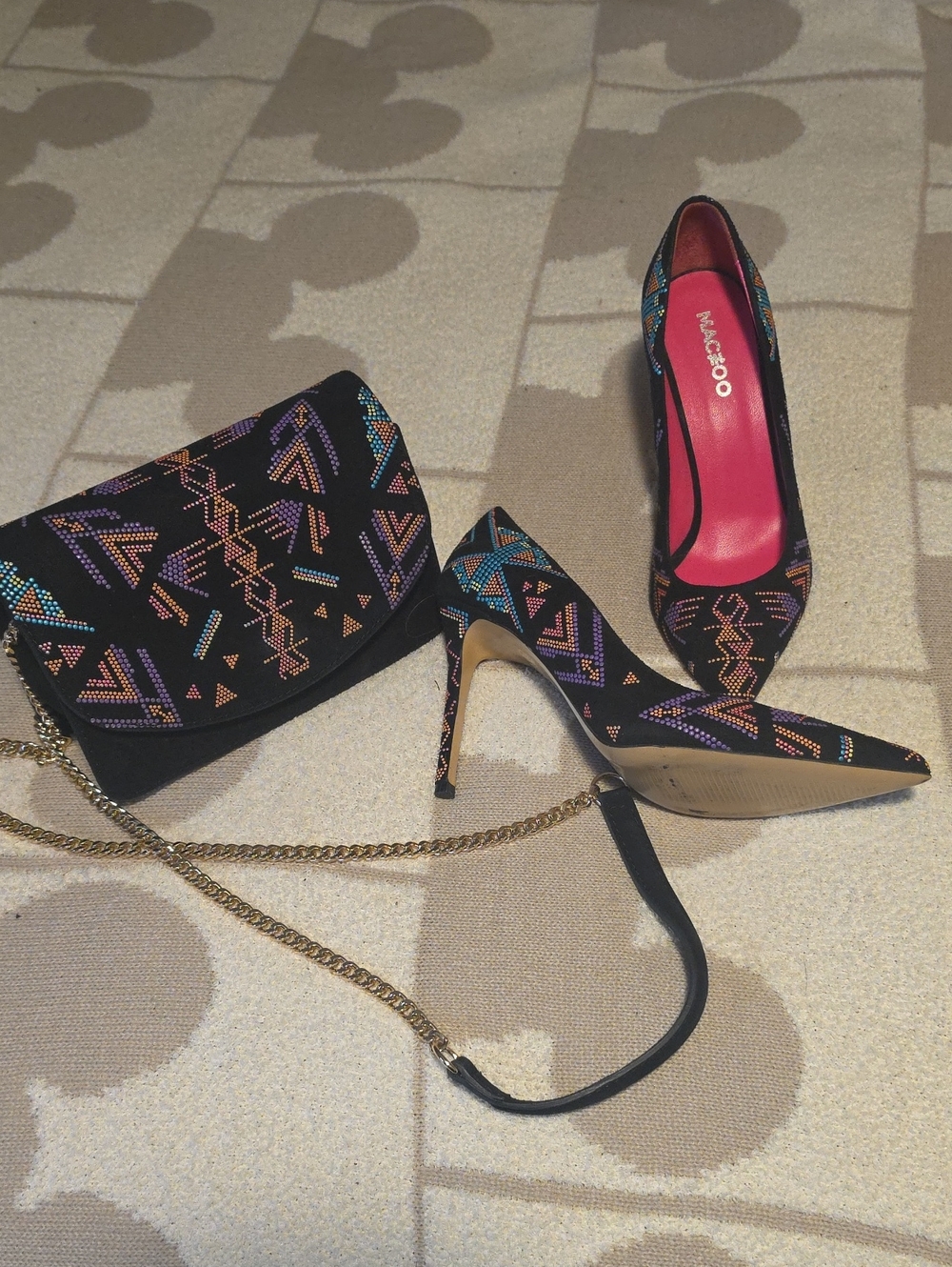 Maceoo Black Pointed Pumps with Multicolor Beaded Geometric Design